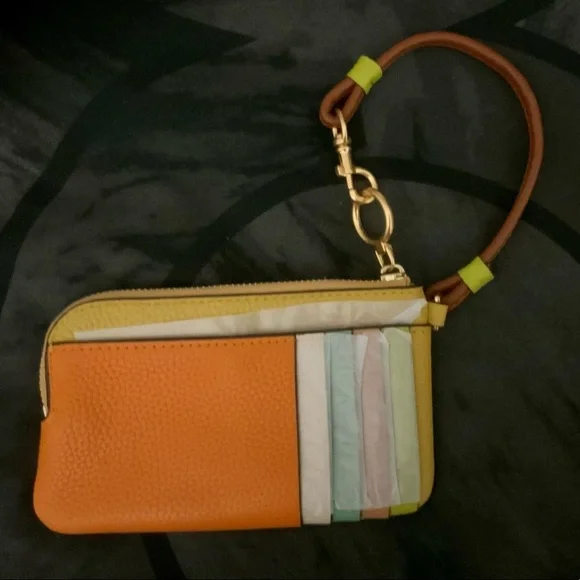 🆑 Tory Burch Authentic Leather Color Block Zip Card Case Yellow NWT